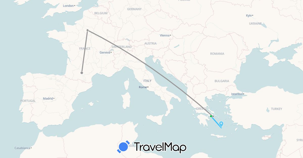 TravelMap itinerary: bus, plane, boat in Greece (Europe)